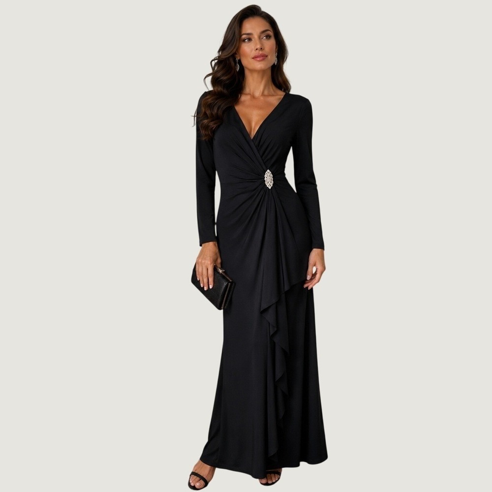 Lauren RL Black Formal Maxi Evening Gown Size 14 Long Sleeve Crystal Brooch